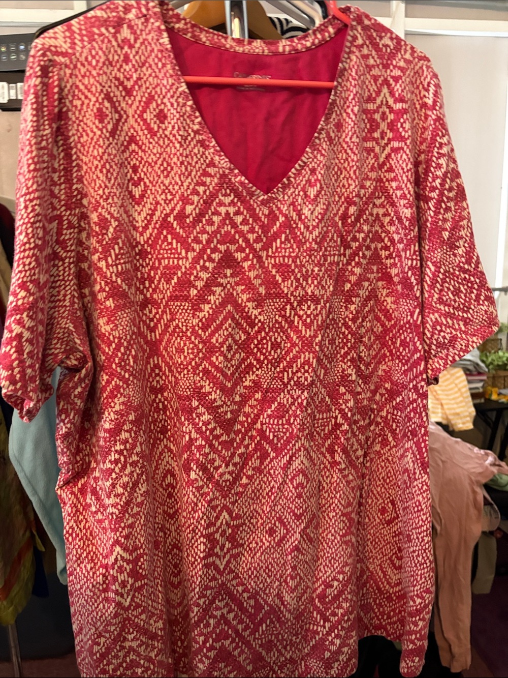Catherines Red and Cream Geometric V-Neck Tee